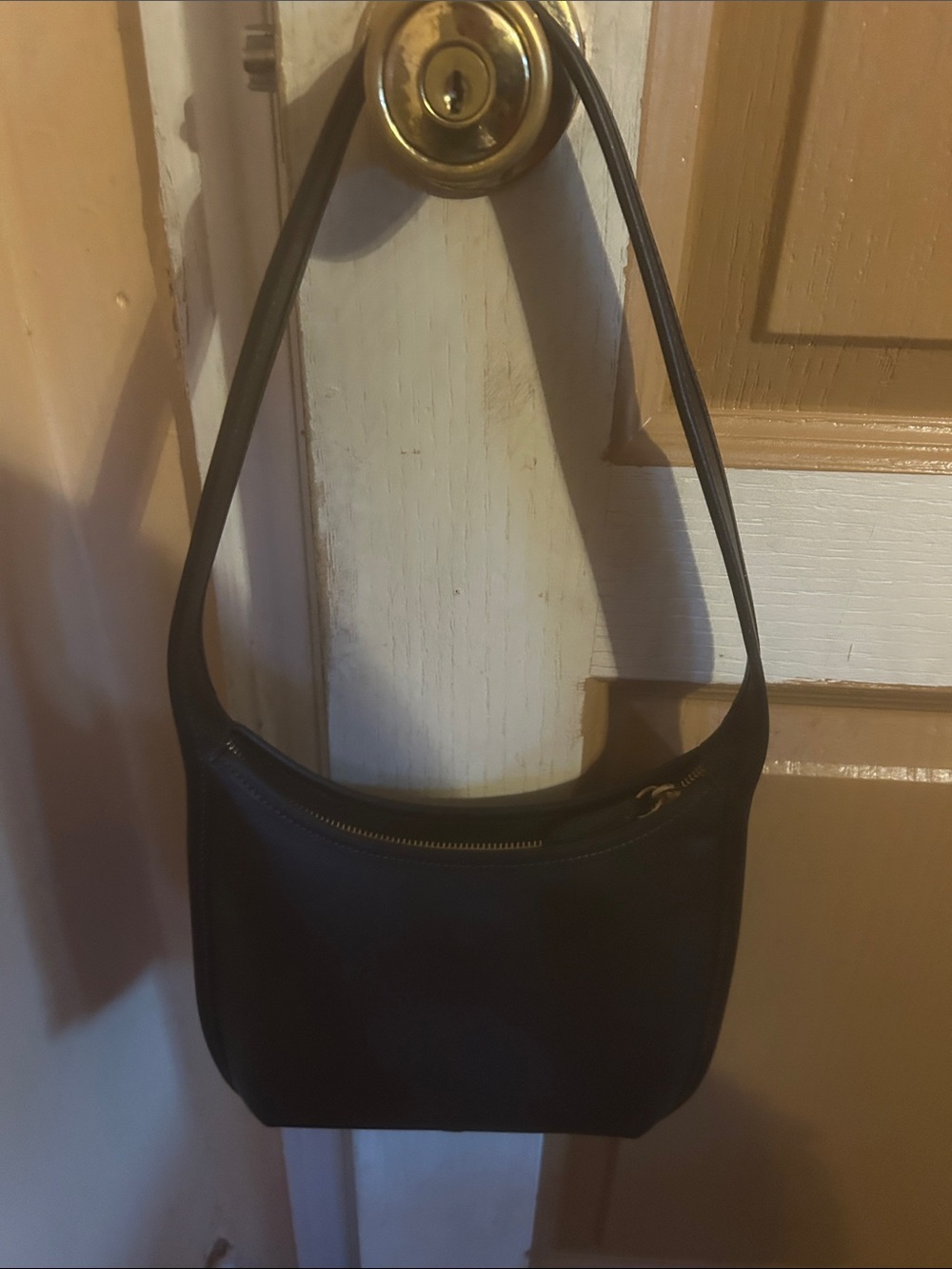 Coach Black Leather Shoulder Bag with Gold-Tone Zip